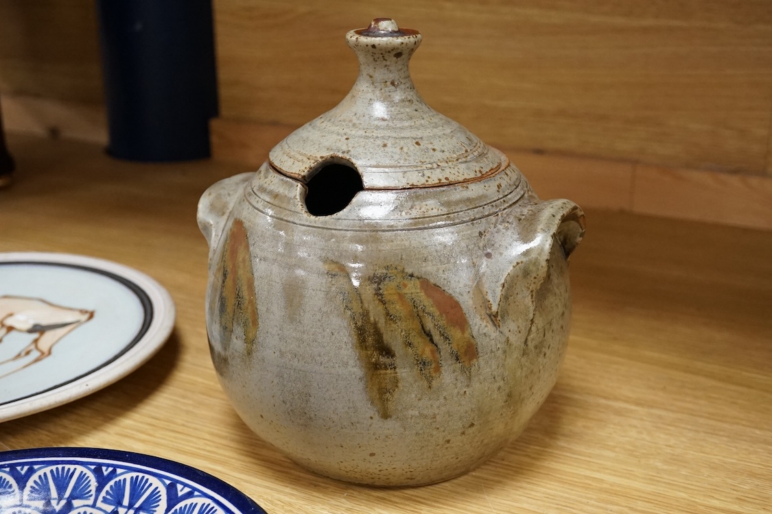 A group of five pieces of Studio pottery, some with impressed signatures to include a hexagonal jar and dishes, largest 25cm high